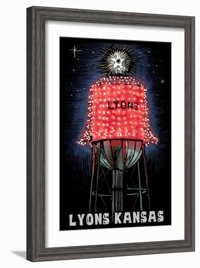 Lyons, Kansas - Watertower - Scratchboard-Lantern Press-Framed Art Print