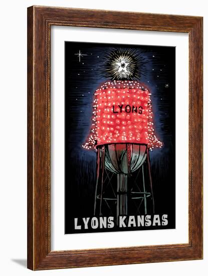 Lyons, Kansas - Watertower - Scratchboard-Lantern Press-Framed Art Print