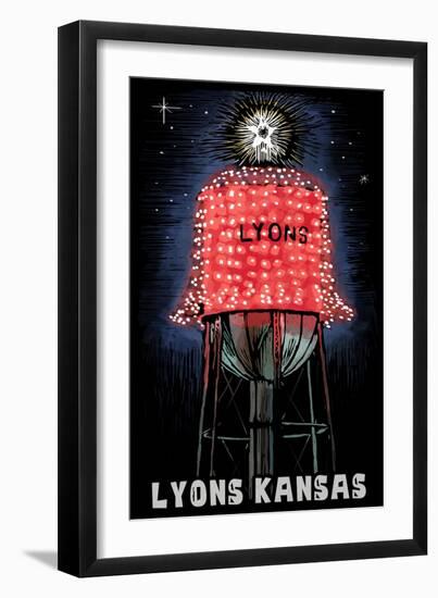 Lyons, Kansas - Watertower - Scratchboard-Lantern Press-Framed Art Print