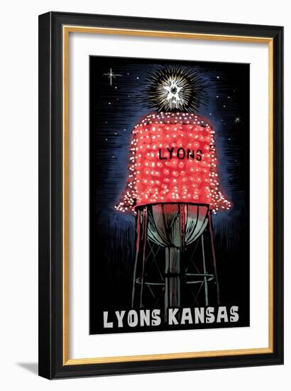 Lyons, Kansas - Watertower - Scratchboard-Lantern Press-Framed Art Print