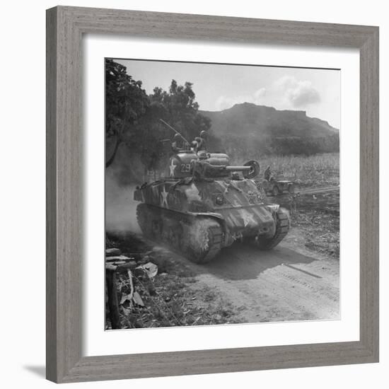 M4 Sherman Tank in Action During the Us Invasion of Saipan-Peter Stackpole-Framed Photographic Print