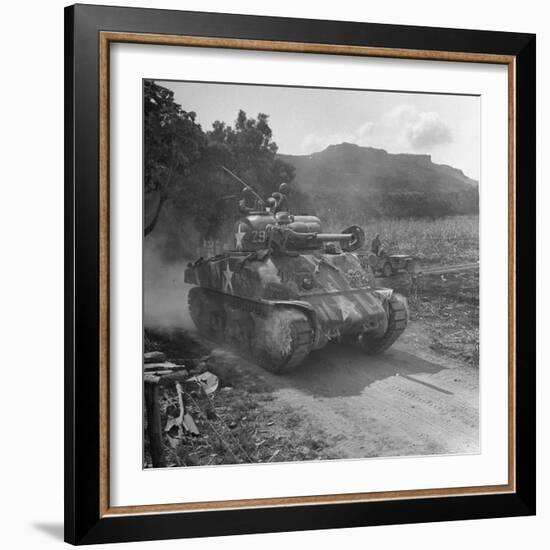 M4 Sherman Tank in Action During the Us Invasion of Saipan-Peter Stackpole-Framed Photographic Print