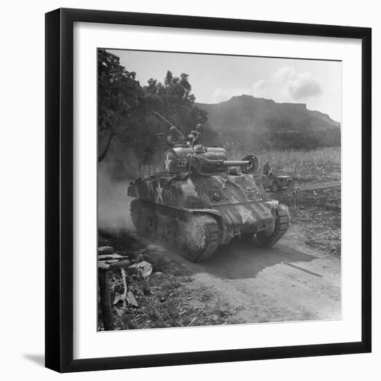 M4 Sherman Tank in Action During the Us Invasion of Saipan-Peter Stackpole-Framed Photographic Print