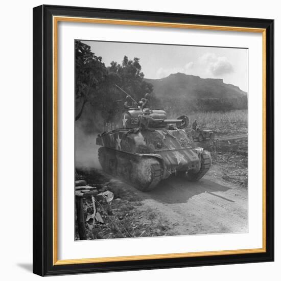 M4 Sherman Tank in Action During the Us Invasion of Saipan-Peter Stackpole-Framed Photographic Print