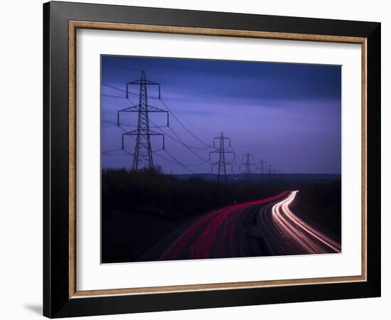 M40 Motorway Light Trails and Power Cables at Dusk, Oxfordshire, England, United Kingdom, Europe-Ian Egner-Framed Photographic Print