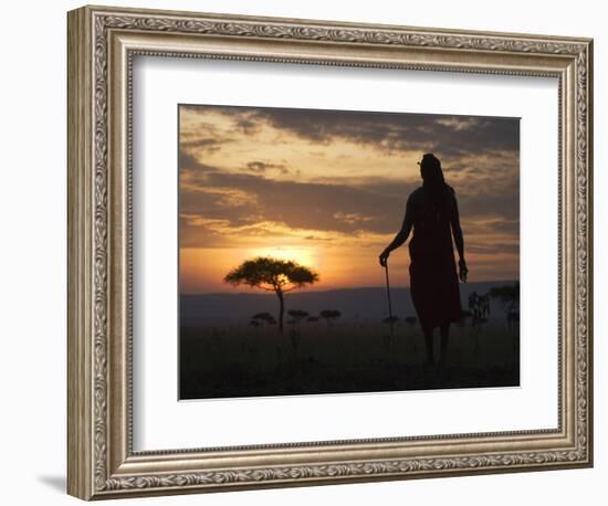 Maasai Tribesman Carrying a Stick on the Savannah at Sunset, Maasai Mara National Reserve, Kenya-Keren Su-Framed Photographic Print