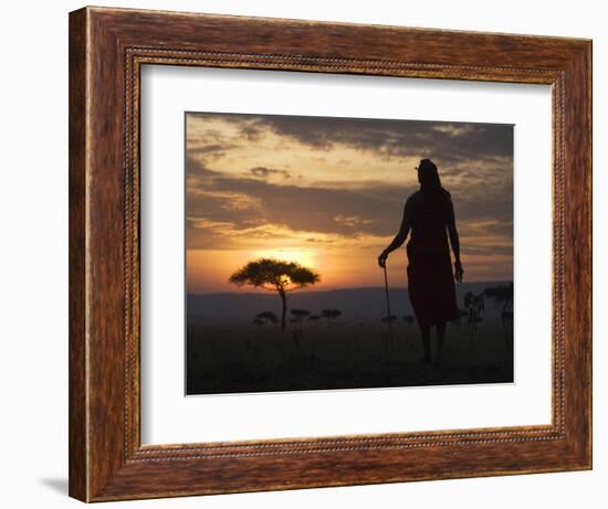 Maasai Tribesman Carrying a Stick on the Savannah at Sunset, Maasai Mara National Reserve, Kenya-Keren Su-Framed Photographic Print