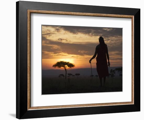 Maasai Tribesman Carrying a Stick on the Savannah at Sunset, Maasai Mara National Reserve, Kenya-Keren Su-Framed Photographic Print