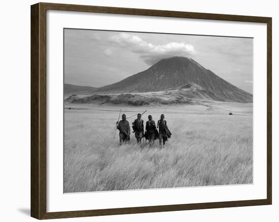 Maasai Warriors Stride across Golden Grass Plains at Foot of Ol Doinyo Lengai, 'Mountain of God'-Nigel Pavitt-Framed Photographic Print