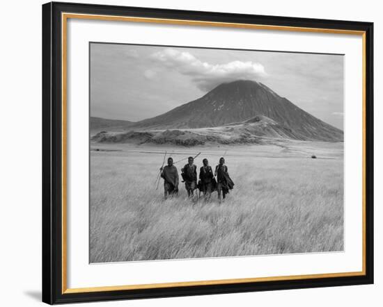 Maasai Warriors Stride across Golden Grass Plains at Foot of Ol Doinyo Lengai, 'Mountain of God'-Nigel Pavitt-Framed Photographic Print