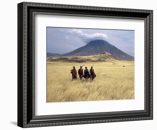 Maasai Warriors Stride across Golden Grass Plains at Foot of Ol Doinyo Lengai, 'Mountain of God'-Nigel Pavitt-Framed Photographic Print