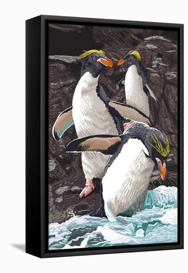 Macaroni Penguins-Lantern Press-Framed Stretched Canvas