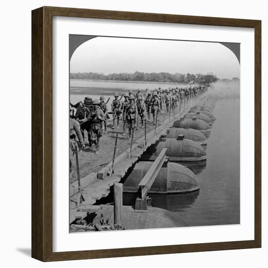 Machine Gun Section and Infantry Crossing a Pontoon Bridge, World War I, 1914-1918-null-Framed Photographic Print