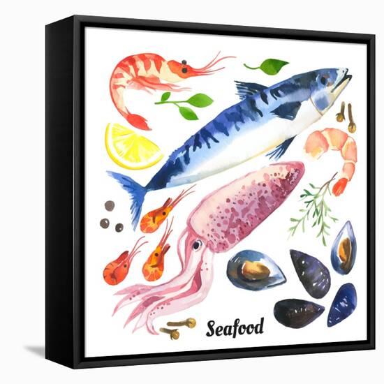 Mackerel. Scomber. Watercolor Set of Sea Food with Trout, Salmon and Mussels Drawn by Hand on a Whi-Monash-Framed Stretched Canvas