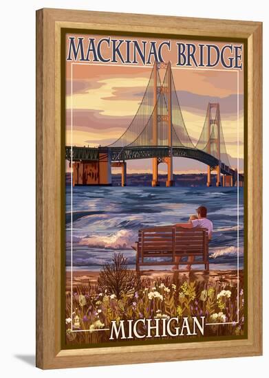 Mackinac Bridge and Sunset, Michigan-Lantern Press-Framed Stretched Canvas