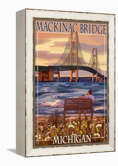 Mackinac Bridge and Sunset, Michigan-Lantern Press-Framed Stretched Canvas