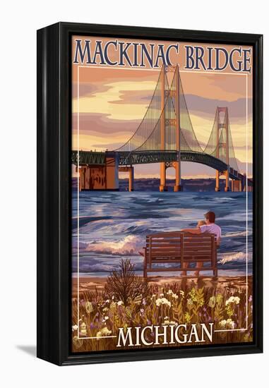 Mackinac Bridge and Sunset, Michigan-Lantern Press-Framed Stretched Canvas