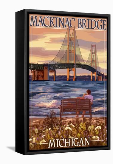 Mackinac Bridge and Sunset, Michigan-Lantern Press-Framed Stretched Canvas