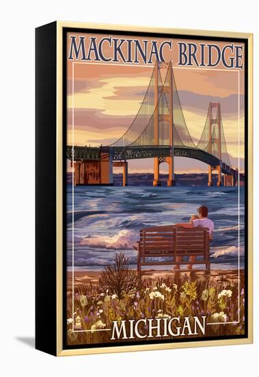 Mackinac Bridge and Sunset, Michigan-Lantern Press-Framed Stretched Canvas