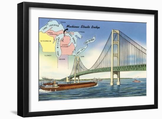 Mackinac Straits Bridge and Map, Michigan-null-Framed Art Print