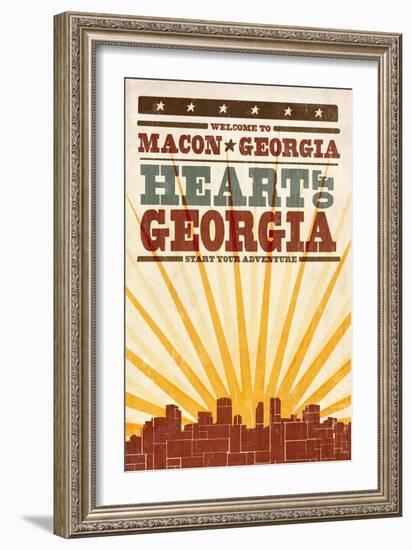 Macon, Georgia - Skyline and Sunburst Screenprint Style-Lantern Press-Framed Art Print