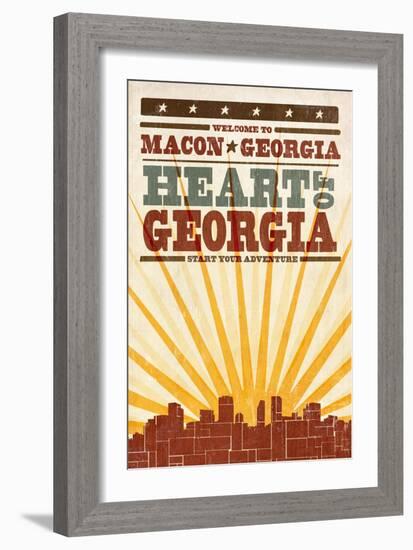 Macon, Georgia - Skyline and Sunburst Screenprint Style-Lantern Press-Framed Art Print