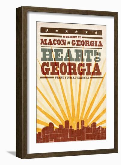 Macon, Georgia - Skyline and Sunburst Screenprint Style-Lantern Press-Framed Art Print