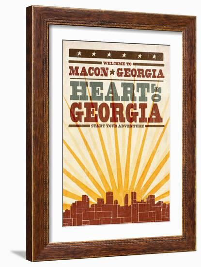 Macon, Georgia - Skyline and Sunburst Screenprint Style-Lantern Press-Framed Art Print