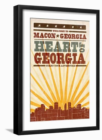 Macon, Georgia - Skyline and Sunburst Screenprint Style-Lantern Press-Framed Art Print