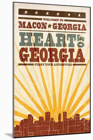 Macon, Georgia - Skyline and Sunburst Screenprint Style-Lantern Press-Mounted Art Print