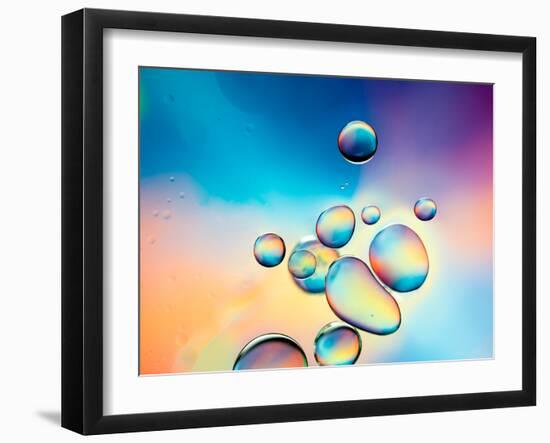 Macro of Oil Drops on Water Surface with Vibrant Colors in Background-Abstract Oil Work-Framed Photographic Print