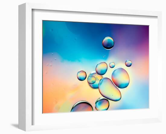 Macro of Oil Drops on Water Surface with Vibrant Colors in Background-Abstract Oil Work-Framed Photographic Print