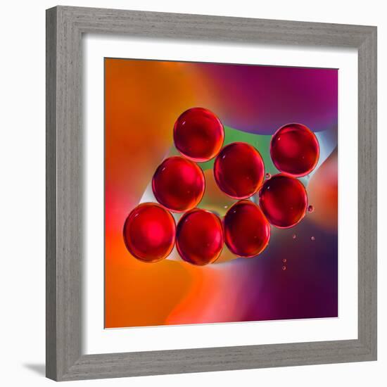 Macro of Red Engine Oil Drops on Water Surface with Colorful Blured Background-Abstract Oil Work-Framed Photographic Print