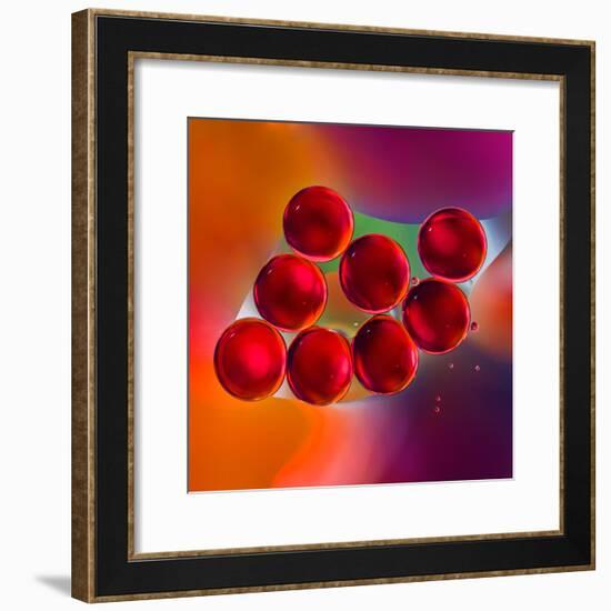 Macro of Red Engine Oil Drops on Water Surface with Colorful Blured Background-Abstract Oil Work-Framed Photographic Print