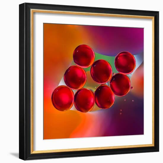 Macro of Red Engine Oil Drops on Water Surface with Colorful Blured Background-Abstract Oil Work-Framed Photographic Print