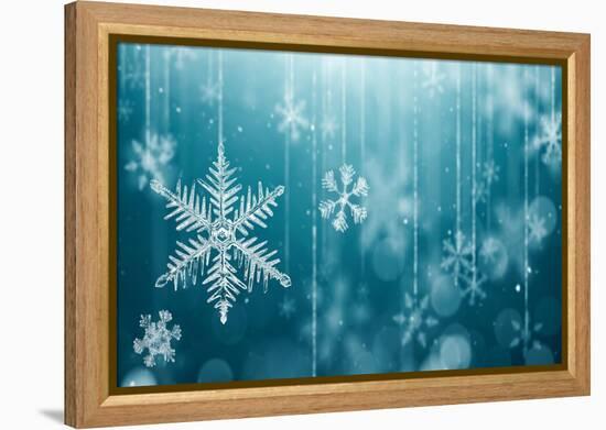 Macro Snowflake and Fallen Defocused Snowflakes on Blue Background - 3D Rendering-Phive-Framed Stretched Canvas