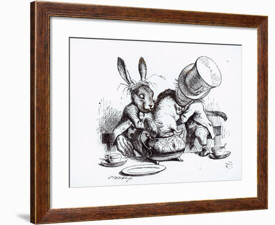 Mad Hatter, March Hare and Dormouse in Teapot, Illustration, 'Alice's Adventures in Wonderland'-John Tenniel-Framed Giclee Print