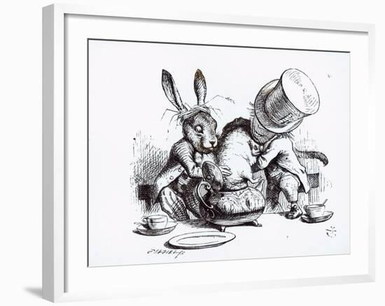 Mad Hatter, March Hare and Dormouse in Teapot, Illustration, 'Alice's Adventures in Wonderland'-John Tenniel-Framed Giclee Print