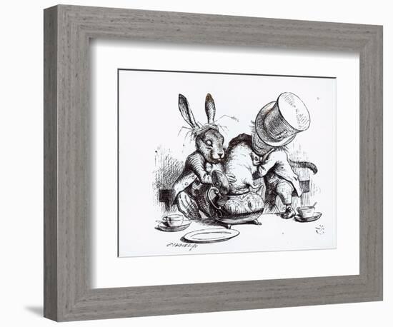 Mad Hatter, March Hare and Dormouse in Teapot, Illustration, 'Alice's Adventures in Wonderland'-John Tenniel-Framed Giclee Print