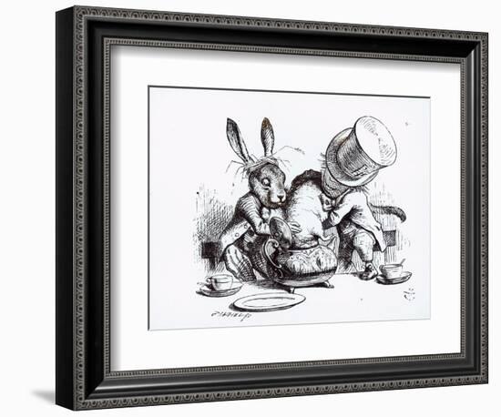 Mad Hatter, March Hare and Dormouse in Teapot, Illustration, 'Alice's Adventures in Wonderland'-John Tenniel-Framed Giclee Print