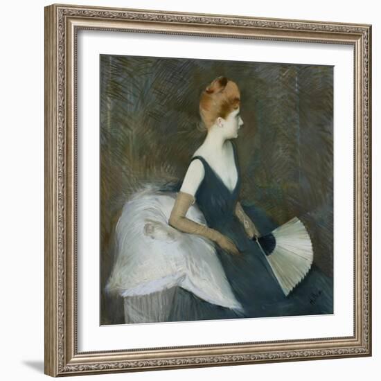 Madame Marthe Letellier Sitting on a Sofa, Holding a Fan, C.1895-Paul Cesar Helleu-Framed Giclee Print