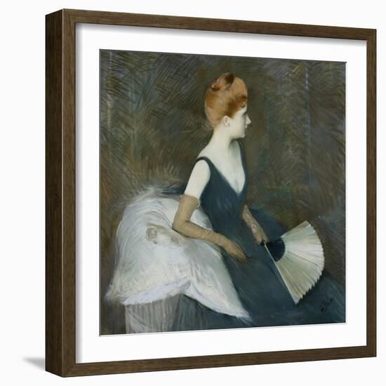 Madame Marthe Letellier Sitting on a Sofa, Holding a Fan, C.1895-Paul Cesar Helleu-Framed Giclee Print