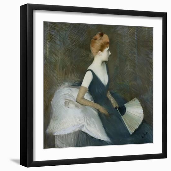 Madame Marthe Letellier Sitting on a Sofa, Holding a Fan, C.1895-Paul Cesar Helleu-Framed Giclee Print