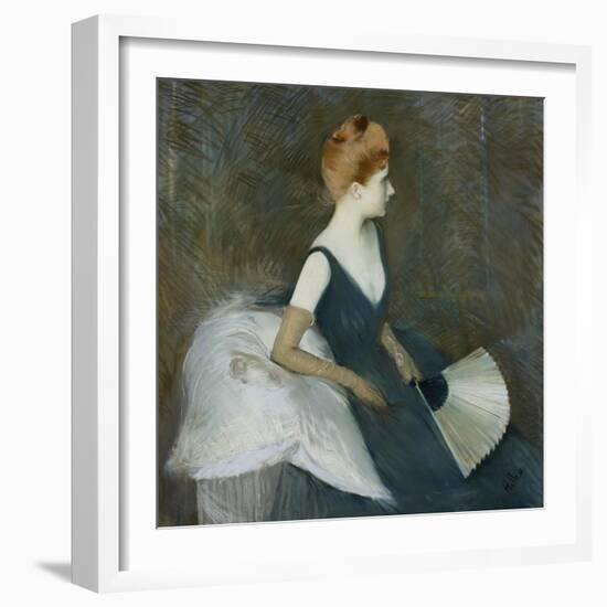 Madame Marthe Letellier Sitting on a Sofa, Holding a Fan, C.1895-Paul Cesar Helleu-Framed Giclee Print