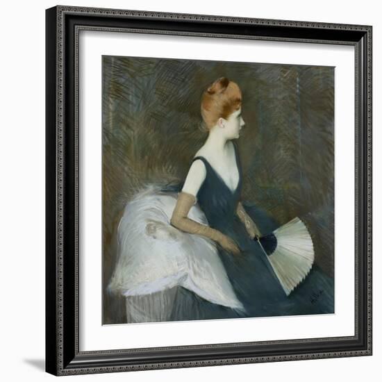 Madame Marthe Letellier Sitting on a Sofa, Holding a Fan, C.1895-Paul Cesar Helleu-Framed Giclee Print