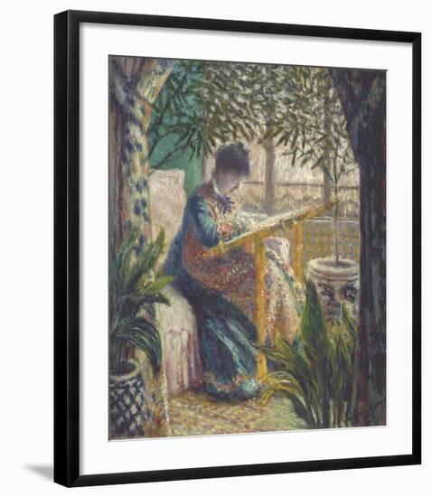 Madame Monet Embroidering, 1875-Claude Monet-Framed Art Print