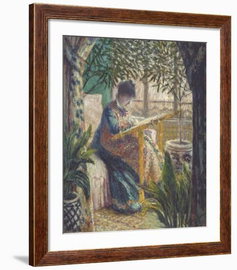 Madame Monet Embroidering, 1875-Claude Monet-Framed Art Print