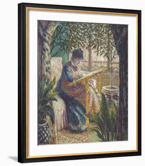 Madame Monet Embroidering, 1875-Claude Monet-Framed Art Print