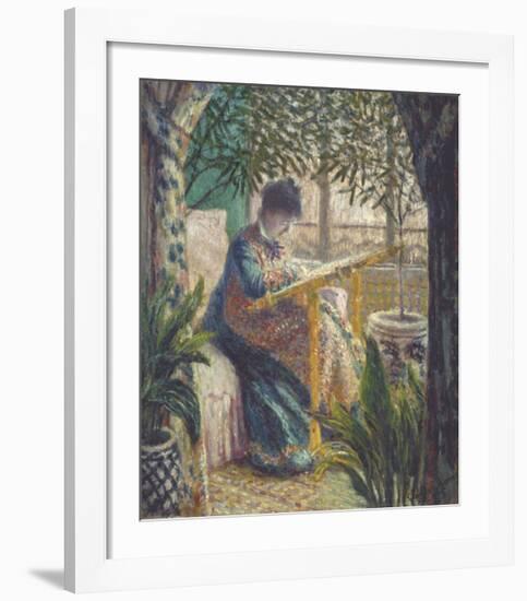 Madame Monet Embroidering, 1875-Claude Monet-Framed Art Print