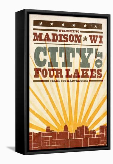 Madison, Wisconsin - Skyline and Sunburst Screenprint Style-Lantern Press-Framed Stretched Canvas